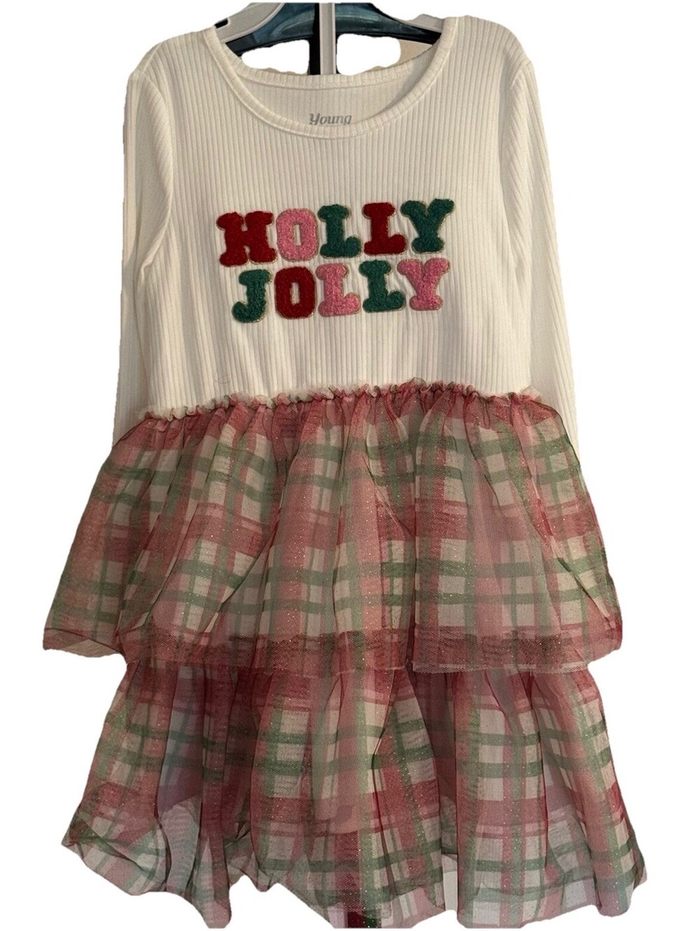 Girls 4t Christmas Tiered Dress Holly Jolly  Raised Puffy Tulle Plaid